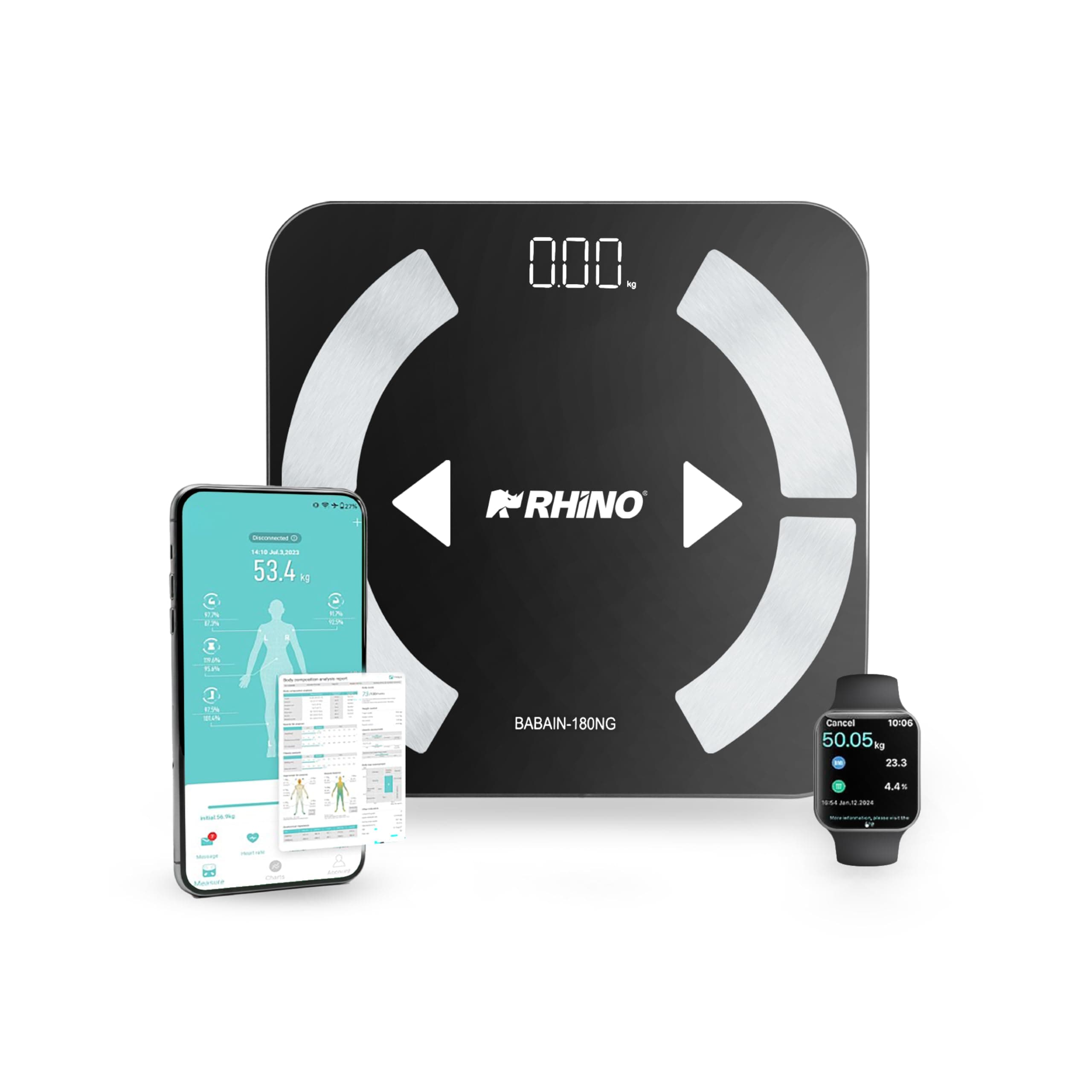RHINO, Báscula Digital Corporal, Capacidad 180 kg/100g. Precisión, Conectividad Bluethooth, APP